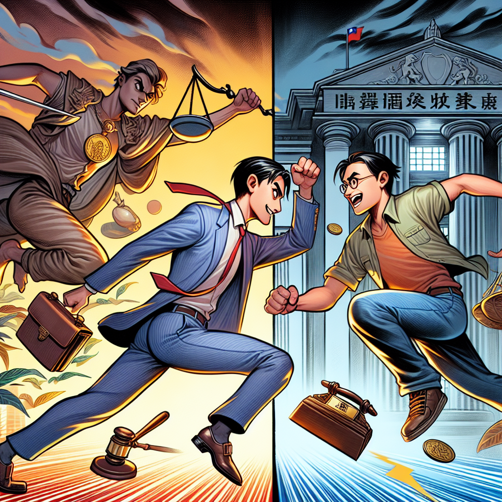一幅生動的插圖展示兩個台灣人物角色,分別代表侵占和竊盜。左側人物偷偷拿走公司財物,表情狡猾。右側人物光明正大地拿走他人物品,表情無辜。兩者之間有一條明顯的分界線,象徵法律定義的差異。背景是法院建築,頂部有天平秤代表司法。整體風格誇張生動,色彩鮮艷,線條簡潔有力,充滿戲劇性和動感,吸引眼球並富有故事性。