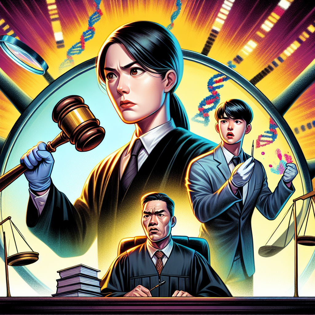 圖片描述:
一個戲劇化的法庭場景,採用漫畫風格和鮮豔色彩。中央是一位表情嚴肅的女法官,手持木槌。左側站著一位神情緊張的男性被告,右側是一位正在激烈陳述的女性檢察官。背景有一個巨大的放大鏡,聚焦在一件襯衫上的DNA證據。整個畫面充滿動感和戲劇性,突出了案件的關鍵元素和舉證過程的緊張氛圍。所有人物均為台灣人外貌特徵。