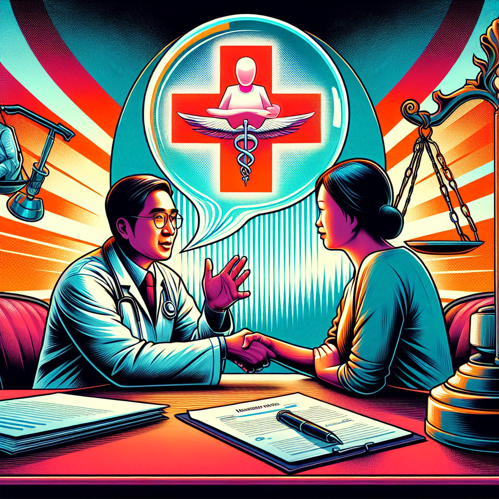 一幅生動的插圖展示了醫患溝通的場景。中央是一位穿白袍的台灣醫生和一位病患，他們之間有一個放大的透明對話泡泡，象徵良好溝通。左側是一個醫療記錄本和筆，代表詳細記錄。右側是一個握手的標誌，象徵互信。背景有一個紅十字和一個天平，分別代表醫療和法律。整體風格類似蘋果日報的新聞圖像,色彩鮮明,線條簡潔有力,充滿戲劇性和動感。