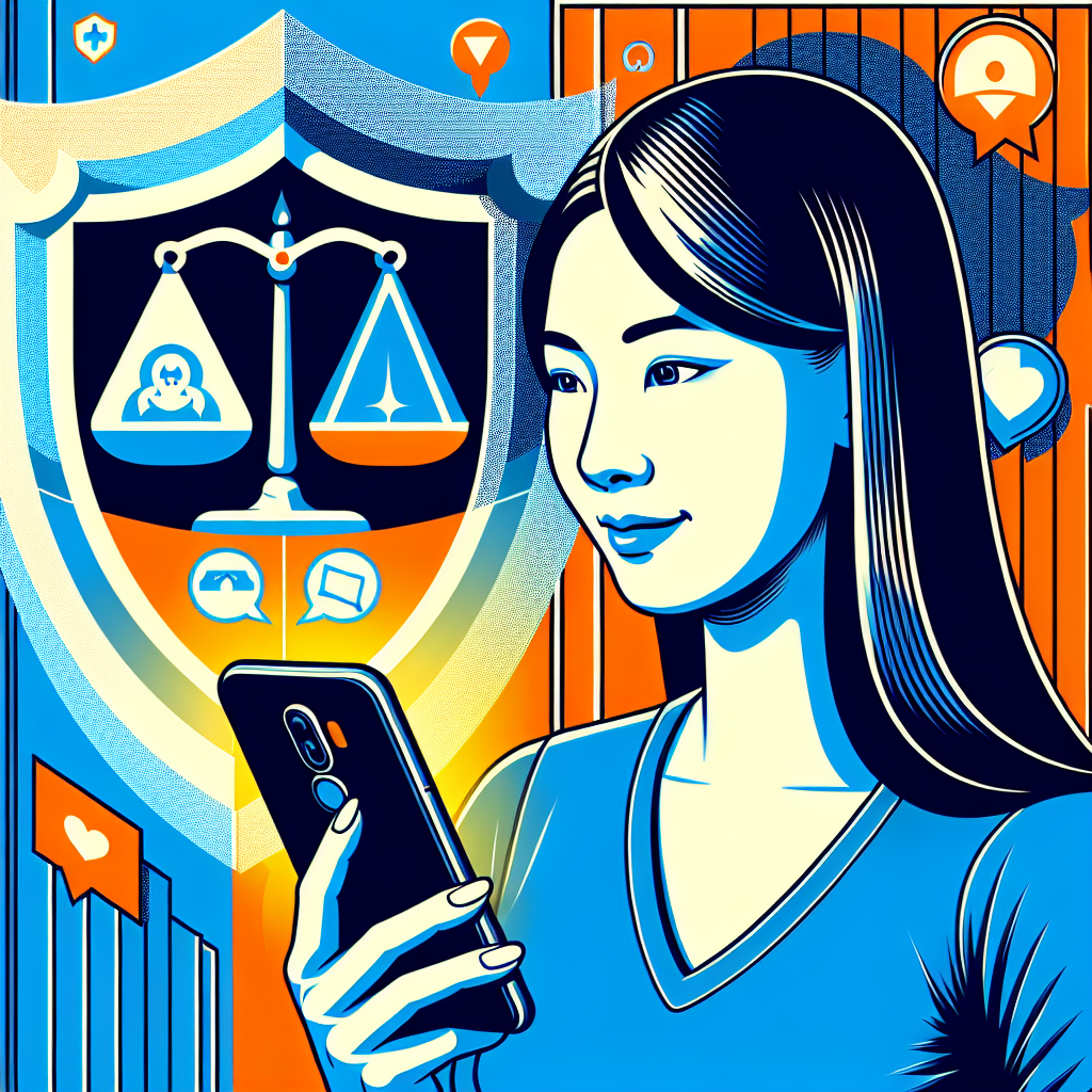 Here's a description for an image that meets your requirements:

A stylized illustration shows a Taiwanese woman confidently facing a glowing smartphone screen. Behind her, a shield icon and legal scales symbolize protection and justice. Bold contrasting colors of blue and orange create a dynamic backdrop. Clean lines form abstract social media symbols floating around. The scene conveys online safety and legal support against cyber harassment in a modern, visually striking art style.