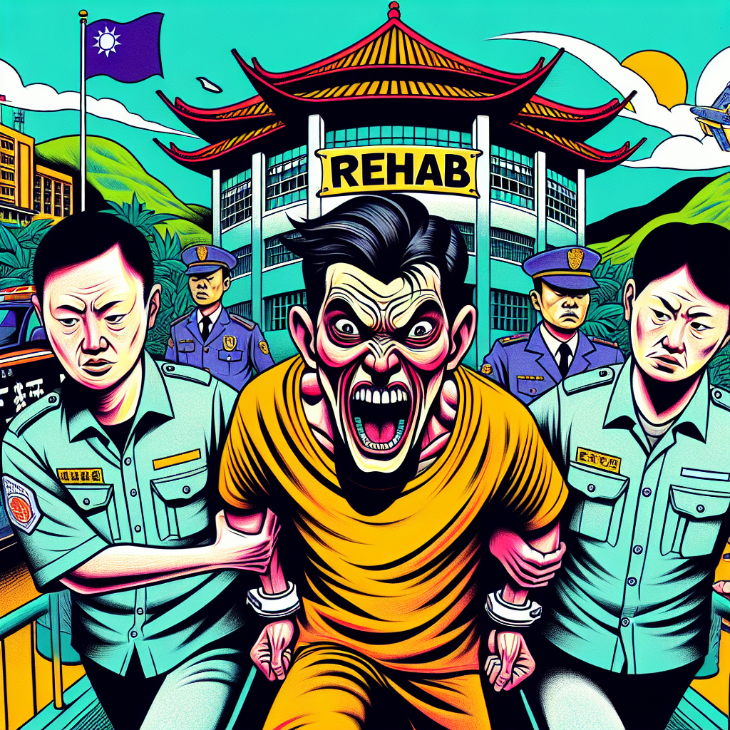 圖片描述:
一幅充滿動感的新聞漫畫風格插圖,展現強制戒癮治療的場景。畫面中央是一名表情誇張的台灣男子,正被兩名穿制服的人員護送進入一座醫療設施。建築物上方飄揚著寫有"REHAB"的旗幟。背景可見法院大樓和警車,象徵法律強制力。整體色彩鮮艷明亮,線條簡潔有力,富有戲劇性和情感張力,生動呈現了強制戒癮治療的法律執行過程。