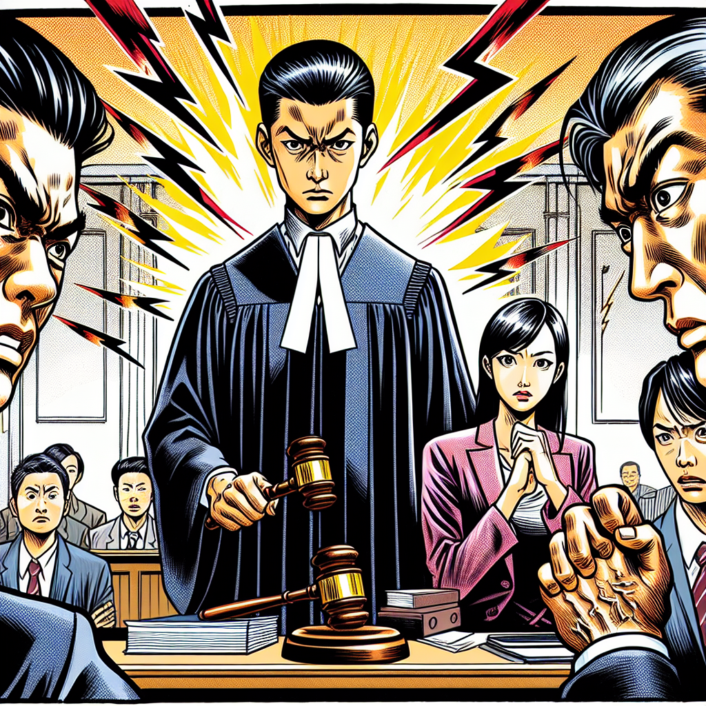 圖片描述:
一幅漫畫風格的法庭場景插圖。中央是一位表情嚴肅的台灣女法官,身穿黑色法袍,手持木槌。她的左側站著一位神情緊張的男性被告,右側是一位神色堅定的女性原告。背景有誇張的閃電效果,象徵案件的爭議性。整體色彩明亮鮮豔,人物表情誇張,線條簡潔有力,充滿戲劇性和動感,有強烈的視覺衝擊力和故事性。