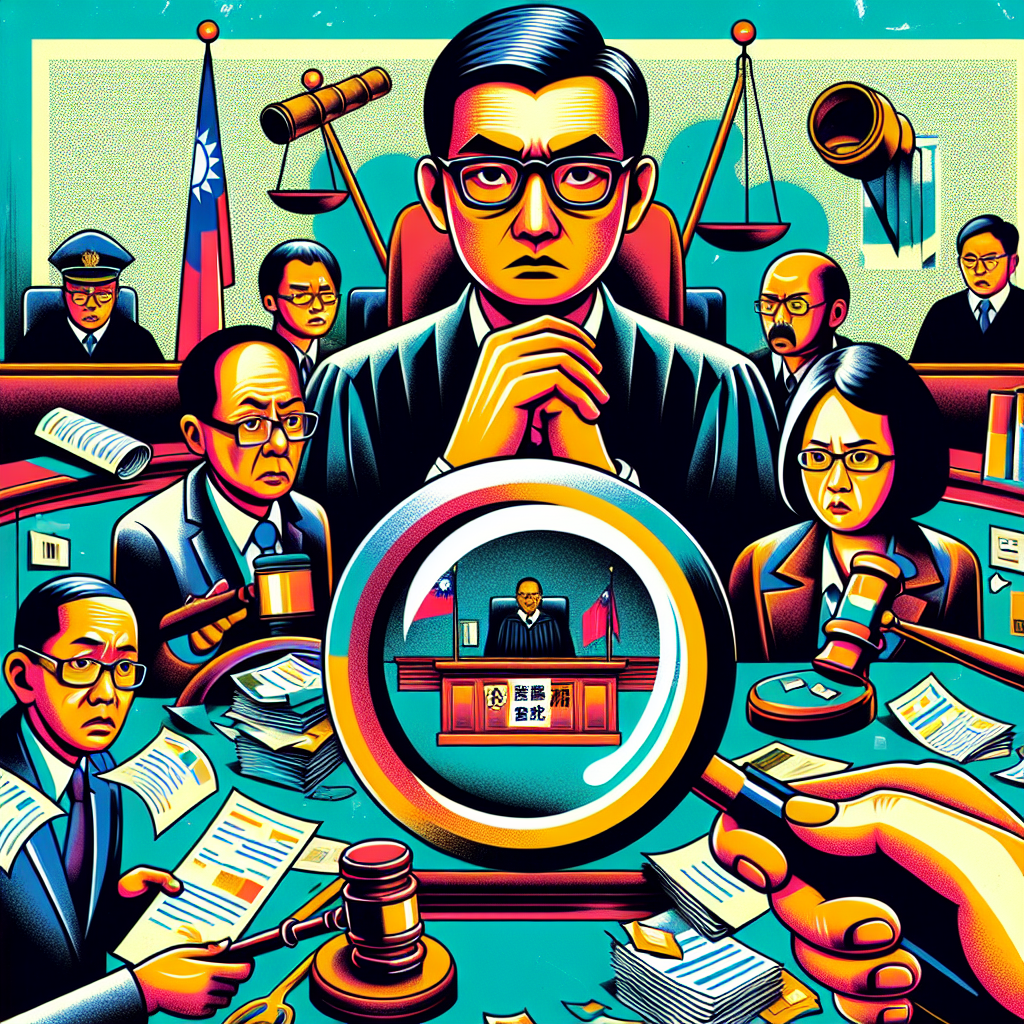 一個卡通風格的台灣法庭場景,突出偵查庭的關鍵元素。中央是一位戴眼鏡的法官,表情嚴肅。左側是一位神情緊張的被告,右側是手持文件的檢察官。法庭內還有書記員和警察。背景有放大的證物和文件,以及一個巨大的放大鏡,象徵偵查過程。整體畫面色彩鮮艷,線條簡潔有力,充滿動感,突出戲劇性和故事性。