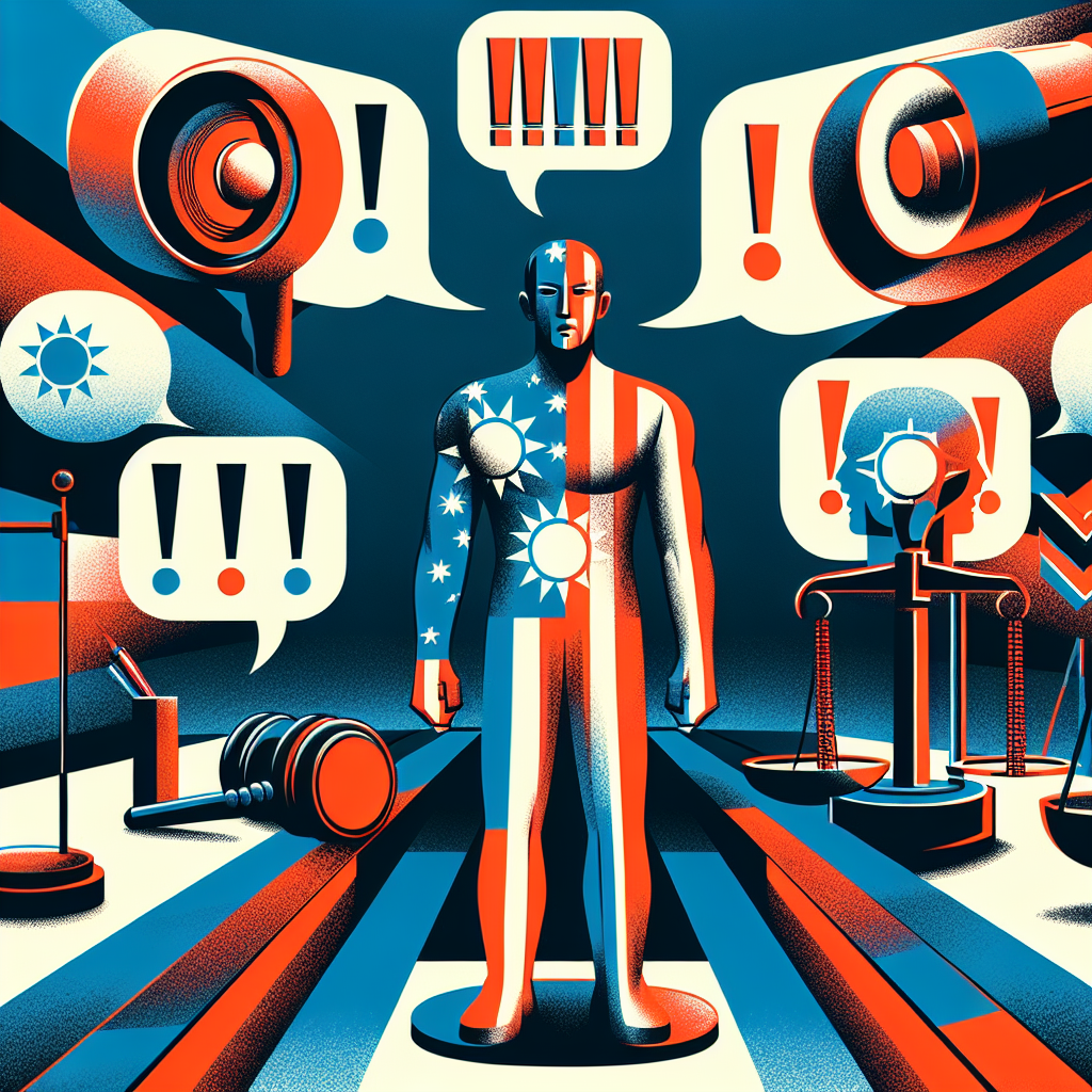 Here's a description for an image to accompany the conclusion section on public insult:
A stylized modern art illustration depicting a Taiwanese person standing tall, surrounded by speech bubbles with exclamation marks. Bold red lines represent boundaries, while a gavel and scales of justice hover nearby. Contrasting colors of blue and orange create a dynamic background. Symbolic icons of a megaphone and a shield represent free speech and protection. The overall composition conveys the balance between expression and legal consequences in a visually striking manner.