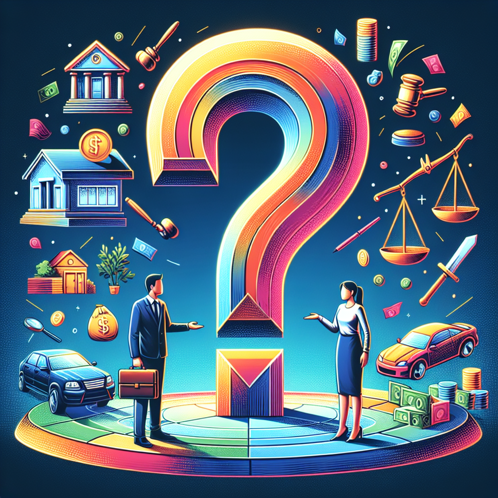 Here's a description for an image to accompany the FAQ section on divorce property division:
A stylized illustration shows two Taiwanese figures standing on opposite sides of a large question mark. Between them, icons representing assets (house, car, money) float in the air. A gavel and legal scales symbolize the legal process. Bold colors and clean lines create a dynamic, modern art style. Dramatic lighting highlights key elements, conveying a professional yet visually engaging legal consultation theme.
