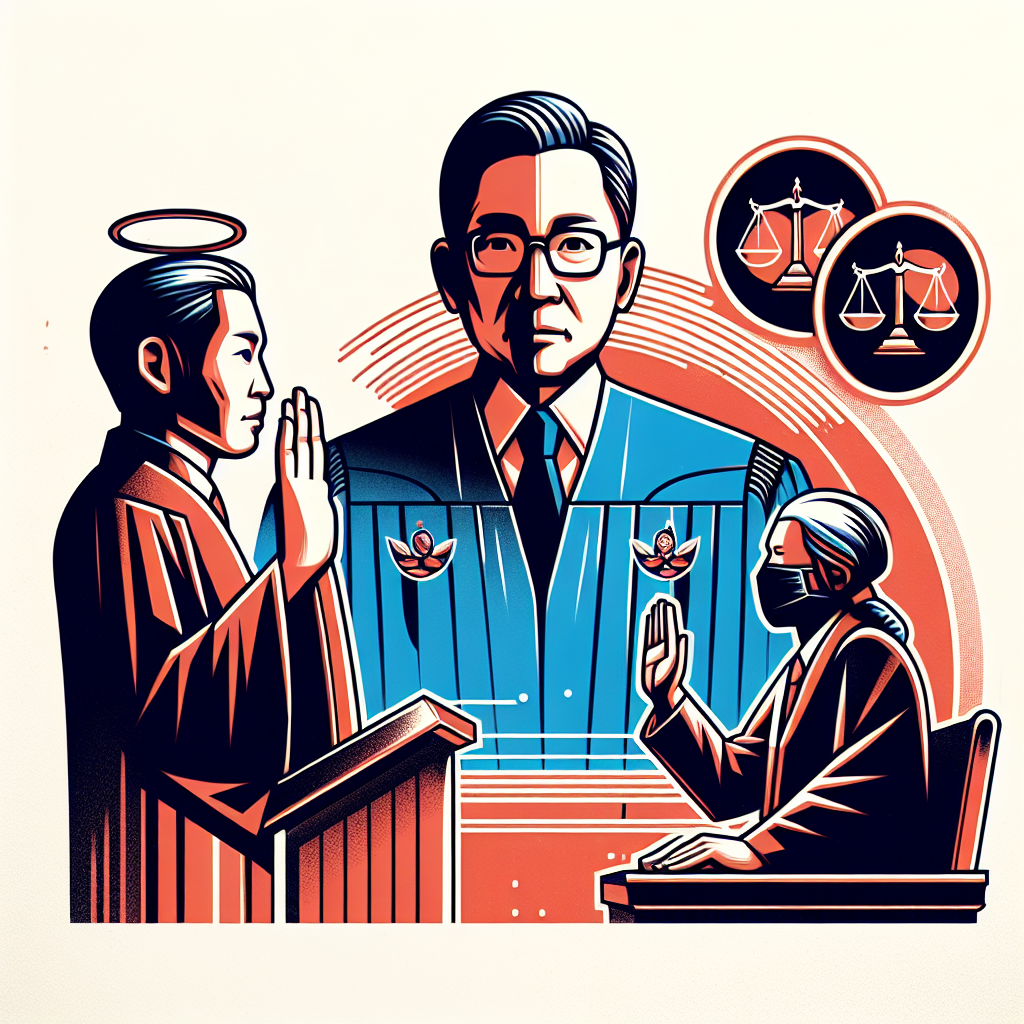 Here's a description for an image that fits your requirements:
A stylized illustration depicting a Taiwanese judge in robes, holding scales of justice. Beside the judge stands a witness box with a figure taking an oath. Floating above are symbolic icons representing truth (a halo) and lies (a mask). Bold red and blue colors contrast against a white background. Clean lines and dramatic lighting create a dynamic, modern legal scene, emphasizing the gravity of testimony and consequences of perjury.