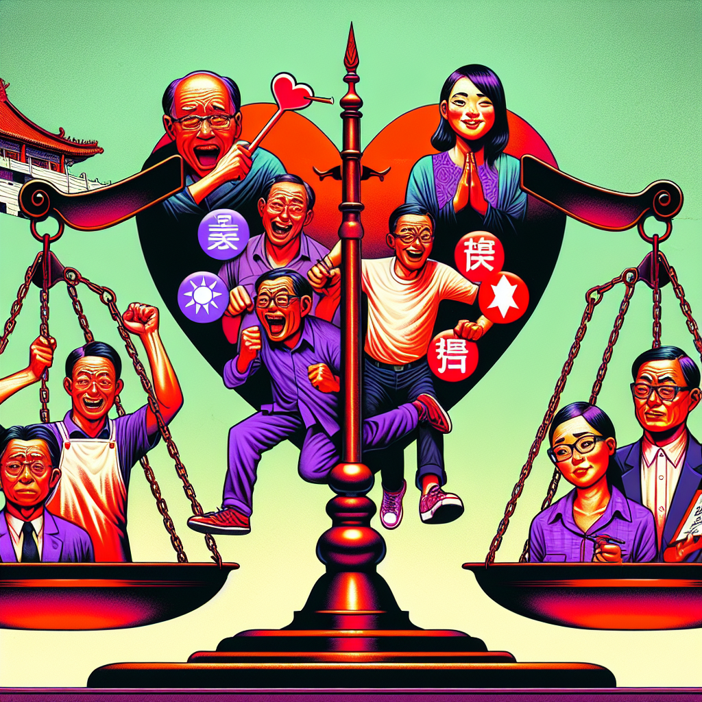 一幅生動的插畫,展示五個台灣人物站在一個大型天平上。天平一端是一個巨大的心形,代表家庭責任;另一端是五個不同圖標,分別象徵法律認可的免除扶養義務的條件。人物表情誇張,動作戲劇化,有的欣喜若狂,有的愁眉苦臉。整體畫面色彩鮮艷,線條簡潔有力,充滿動感和戲劇性,吸引眼球的同時也傳達了故事性。背景有法院建築的輪廓,暗示法律主題。