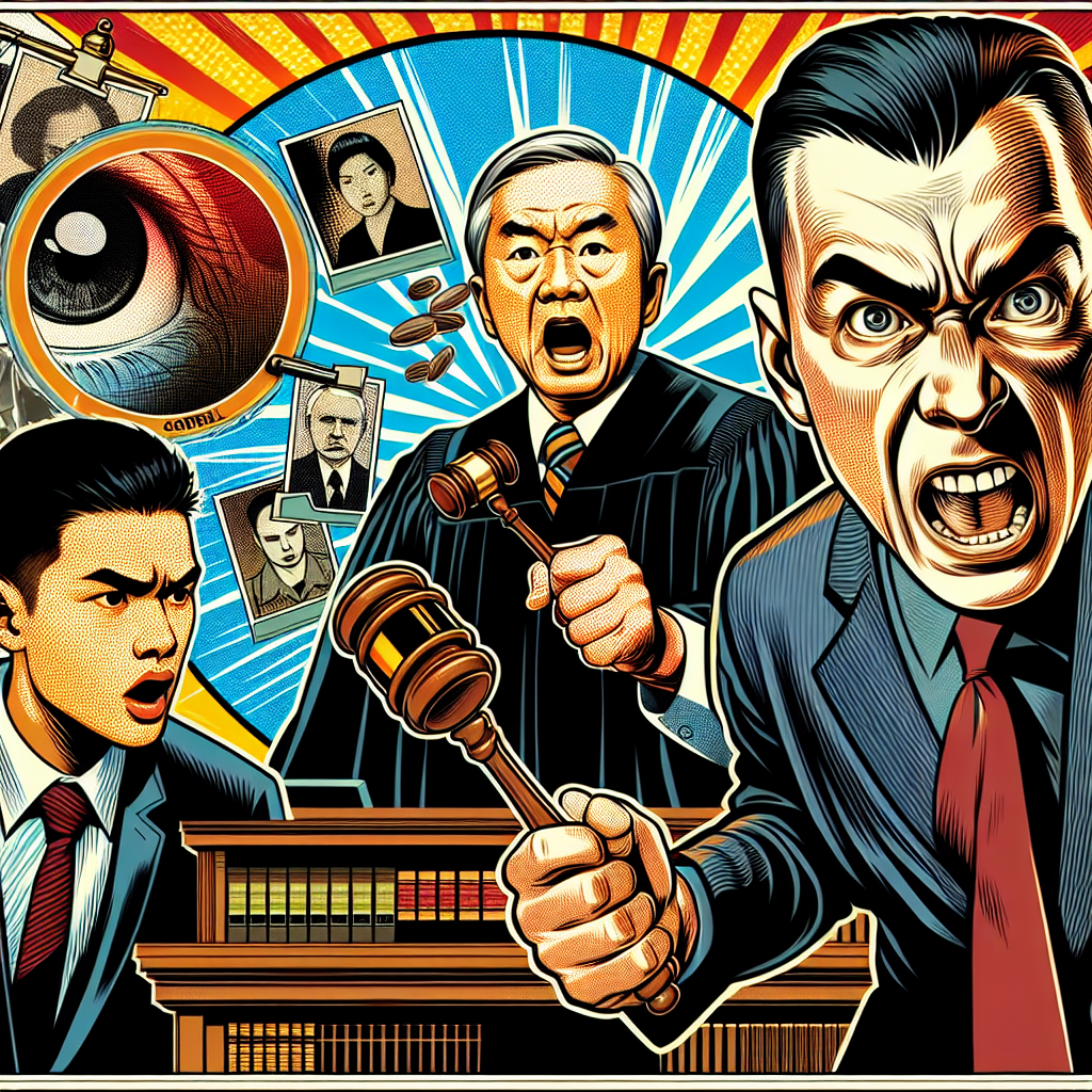 這是一幅充滿動感的漫畫風格插圖,描繪了偵查庭的關鍵場景。畫面中央是一位表情誇張的台灣法官,正在舉起法槌。左側是一位神情緊張的被告,右側則是一位正在激烈陳述的律師。背景有放大的證據照片和文件。整體畫面色彩鮮艷,線條簡潔有力,充滿戲劇性和故事感,生動呈現了案件審理的緊張氛圍。