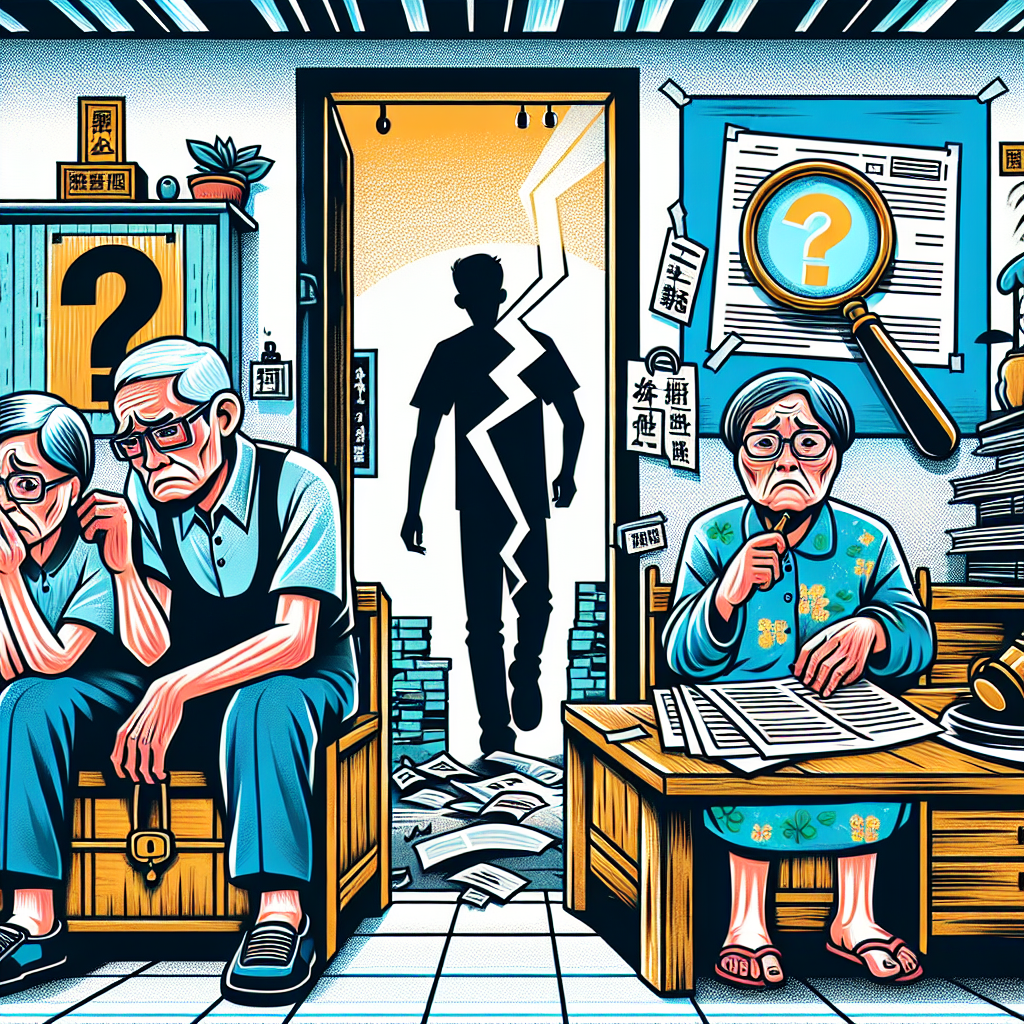 圖片描述:
一幅漫畫風格的插圖,呈現一個台灣家庭場景。前景是一對年邁父母,表情悲傷,坐在簡陋的房間裡。背景是一個年輕人的剪影,正在離開房間。房間牆上有一個大問號和一個法槌的符號。整個畫面色彩鮮艷,線條簡潔有力,充滿動感。父母和年輕人之間有一條斷裂的線,象徵關係破裂。畫面角落有一個放大鏡,聚焦在法律文件上,暗示案例分析。