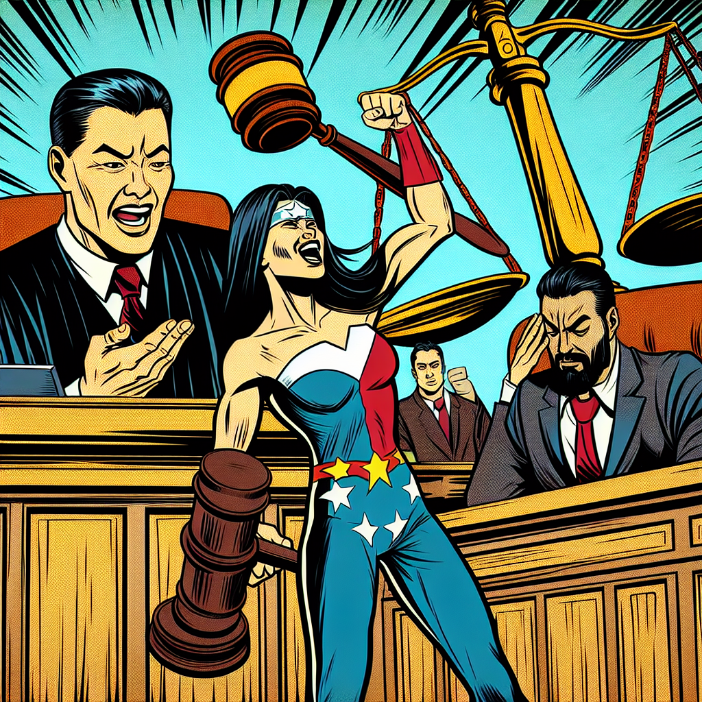圖片描述:
一個戲劇性的法庭場景,採用漫畫風格呈現。中央是一位台灣法官,表情誇張地舉起槌子。左側是原告,手持證據文件,臉上流露出勝利的笑容。右側是被告,一臉沮喪地低頭。背景有一個巨大的天平,左側明顯傾斜,象徵原告舉證成功。整個畫面色彩鮮艷,線條簡潔大膽,充滿動感,呈現出蘋果日報和壹週刊新聞圖像的風格。