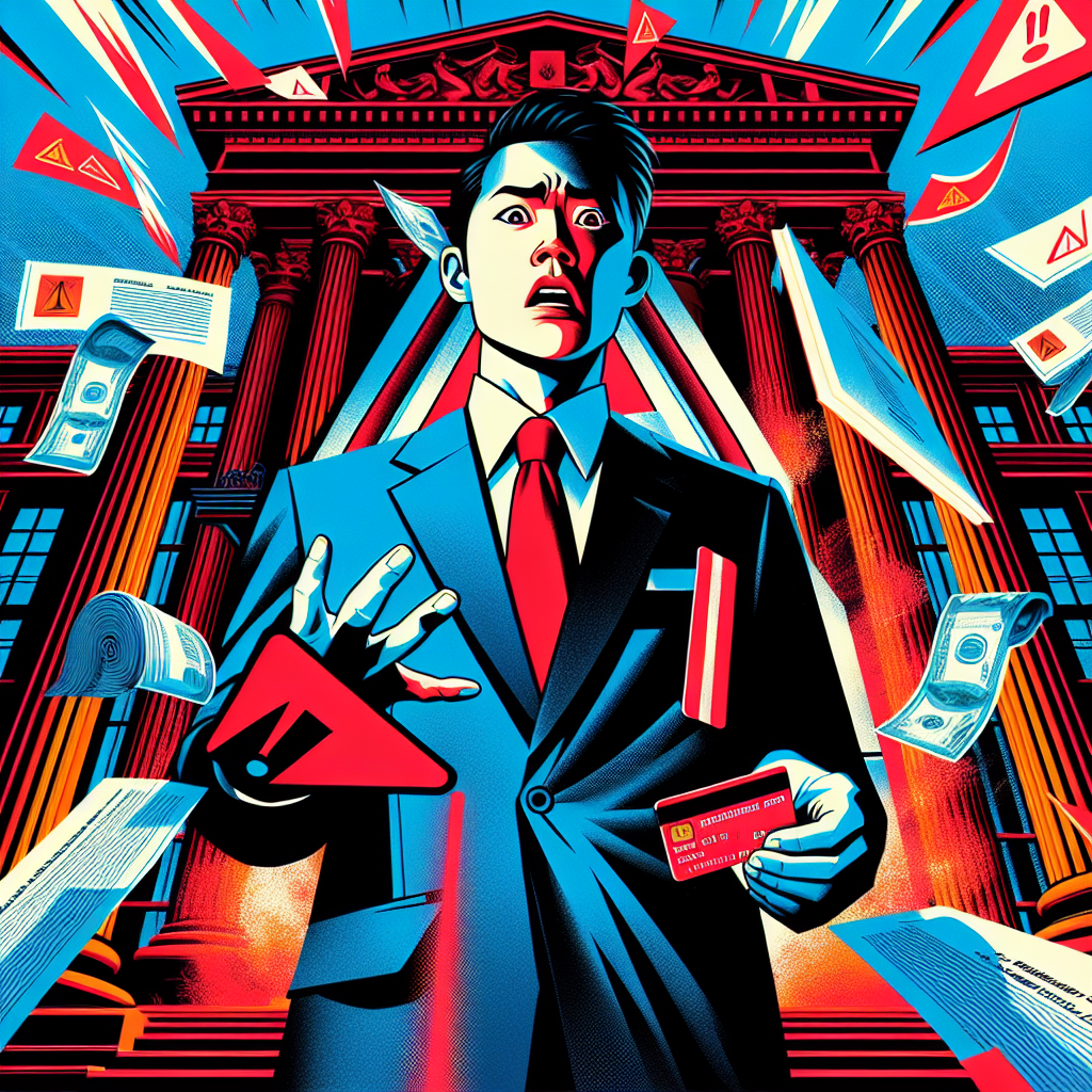 一幅生動的新聞插圖風格圖像，展現警示帳戶的法律風險。畫面中央是一位面露驚恐表情的台灣男子，身穿西裝，站在巨大的紅色警告標誌前。他的一隻手拿著銀行卡，另一隻手拿著法律文件。背景是誇張的法院建築和銀行大樓剪影。周圍飛舞著代表法律條文的紙張和警告符號。整體色彩鮮明對比強烈，線條簡潔有力，充滿戲劇性和動感，直觀地傳達了警示帳戶的法律風險概念。