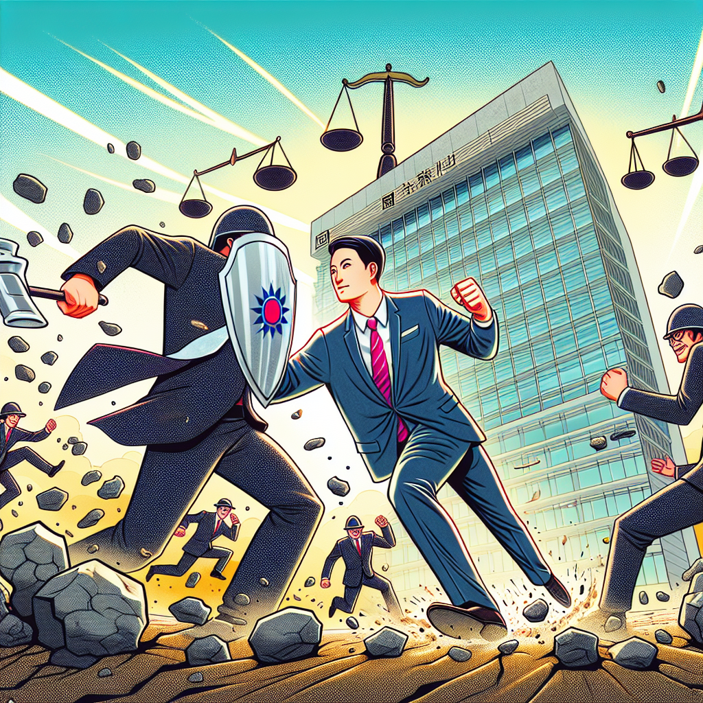 一幅生動的插畫風格新聞圖像,展現一家企業成功應對商業毀謗的場景。畫面中央是一位西裝筆挺的台灣商人,手持盾牌擋住飛來的泥巴和石頭,代表抵禦毀謗。背景是公司大樓,上方有一個巨大的天秤,象徵公平正義。整體色彩鮮艷醒目,人物表情誇張,線條簡潔有力。畫面充滿戲劇性和動感,直觀地講述了企業維護權益的故事。