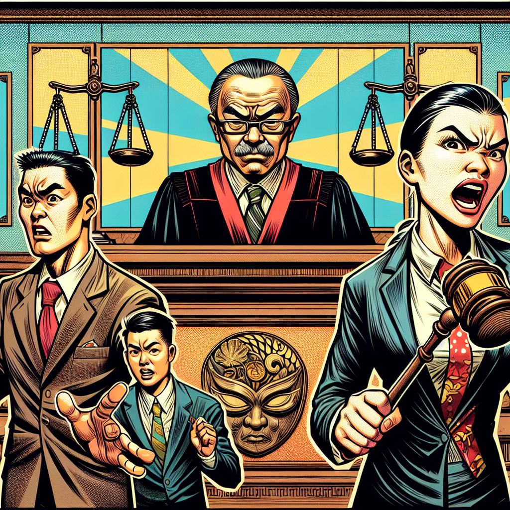 圖片描述:
一幅生動的漫畫風格插圖,展現法庭審判的關鍵場景。中央是一名台灣法官,手持木槌,表情嚴肅。左側站著一名神情緊張的被告,右側是一名正在激烈陳述的檢察官。背景牆上懸掛著天平和法律書籍的圖案。整個場景色彩鮮艷,人物表情誇張,線條簡潔有力,充滿戲劇性和動感,突出了刑事責任和司法程序的主題。