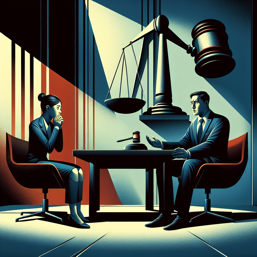 Here's a description for an image based on your requirements:
A stylized illustration depicting a tense legal consultation scene. A concerned Taiwanese client sits across from a confident lawyer at a sleek desk. Looming behind them, an oversized gavel and scales of justice symbolize the legal system. Bold red and blue tones create contrast, while sharp angles and clean lines evoke a modern courtroom atmosphere. Dramatic lighting casts long shadows, adding depth and intensity to the professional setting.