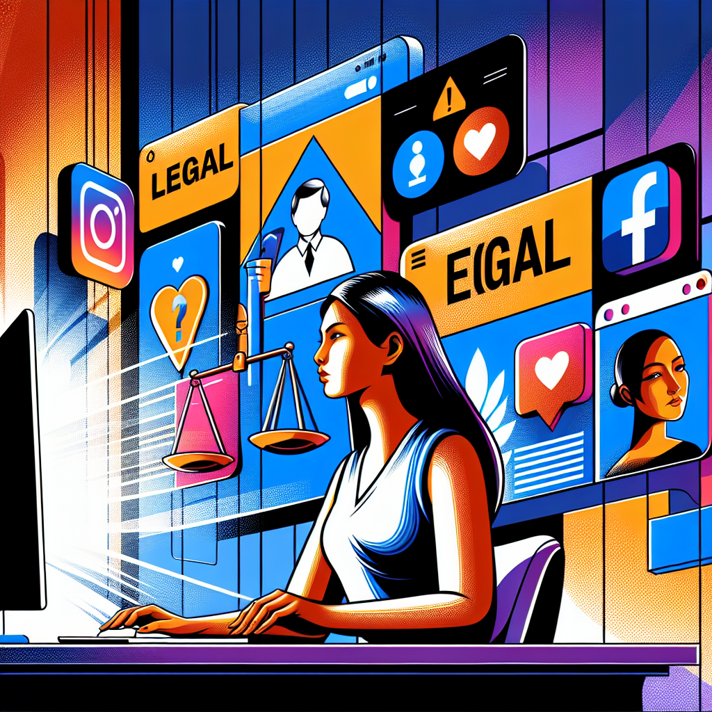 一幅現代風格插畫,展示一位台灣女性在電腦前,周圍有放大的社交媒體圖標和警告標誌。背景有法律條文和天平符號,象徵法律保護。畫面採用鮮明對比色,線條簡潔有力,整體構圖動感十足,突出網路性騷擾的法律議題。光影效果戲劇化,營造出專業而引人入勝的視覺效果。