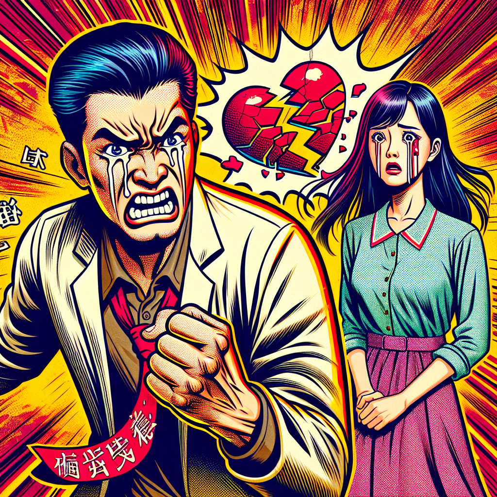 圖片描述:
一幅充滿動感的漫畫風格插圖,展現了一對台灣夫妻之間的衝突場景。丈夫面帶誇張的憤怒表情,正揮舞著拳頭。妻子則畏縮在一旁,表情驚恐。兩人之間有一個破碎的心形符號,象徵受損的婚姻關係。背景以鮮艷的紅色和黃色為主,增添戲劇性效果。整體畫面富有張力,生動地呈現了侵害配偶權的概念,讓人一目了然。