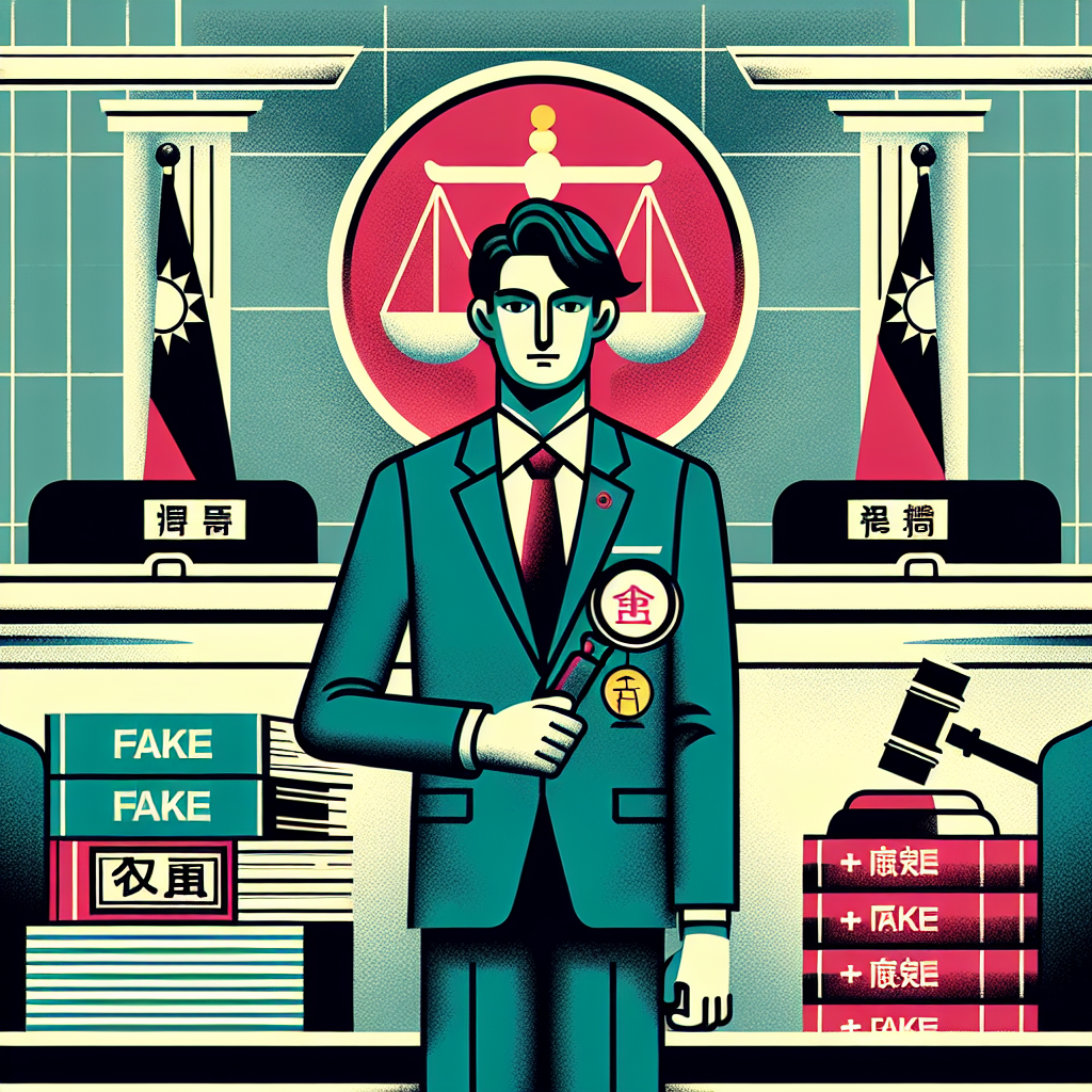 這是一幅現代風格的插畫,展現了偽造文書罪的結論場景。畫面中央是一位身穿正裝的台灣律師,站在法庭前方。他手持放大鏡,象徵仔細審查文件的重要性。背景有一個巨大的天平圖標,代表司法公正。左側是一疊文件和一個紅色的"偽造"印章,右側則是一本法律書籍和一個綠色的"真實"印章,形成鮮明對比。整體色調明亮大膽,線條簡潔有力,營造出專業而引人入勝的視覺效果。