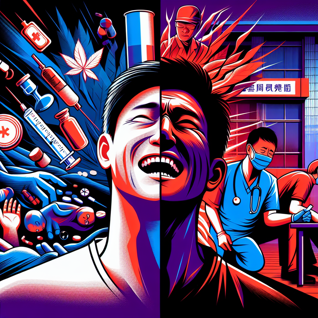 圖片描述:
一幅動畫風格的插圖,展示一名台灣男子在戒癮治療過程中的關鍵場景。畫面分為兩部分:左側顯示男子痛苦掙扎的表情,周圍有藥物和酒精的符號;右側呈現他在醫護人員幫助下逐漸康復的樣子,表情輕鬆愉悅。整體畫面色彩鮮艷,線條簡潔有力,充滿戲劇性和動感,有強烈的視覺衝擊力和情感感染力。背景有醫院和康復中心的元素,突出戒癮治療的主題。