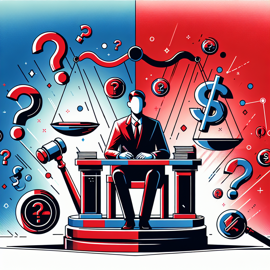圖片描述:
A stylized modern art illustration depicting a legal consultation scene. A Taiwanese lawyer sits at a desk, surrounded by floating question mark icons and money symbols. Bold red and blue colors contrast against a white background. Clean lines form a scales of justice icon and a gavel, symbolizing law and order. Dynamic lighting adds depth, creating a visually engaging and professional composition that represents common questions about money laundering laws.