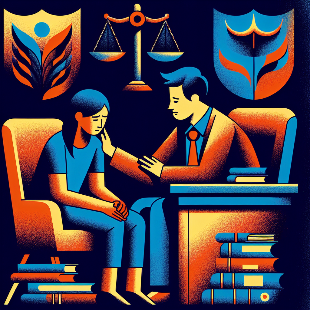 Here's a description for an image based on your requirements:
A stylized illustration depicting a supportive consultation scene. A compassionate counselor sits across from a distressed client, separated by a desk with legal documents. Symbolic icons of justice scales and a shield float above. Bold contrasting colors of deep blue and warm orange create a dramatic yet professional atmosphere. Clean lines and modern art style convey a sense of strength and hope. The characters have East Asian features representing Taiwanese individuals.