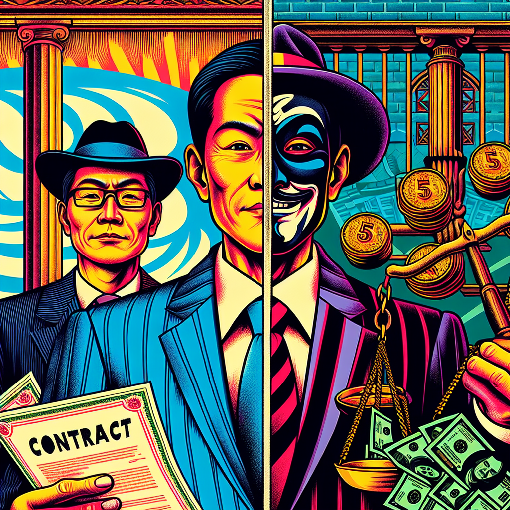 一幅生動的插畫,分為左右兩部分。左側是一個穿西裝的商人,手中拿著合同,表情狡猾。右側是一個戴面具的騙子,手中拿著錢袋。中間有一條明顯的分界線,上方寫著"5"。背景是法院建築和天平圖案。整體風格誇張鮮明,線條簡潔大膽,色彩明亮活潑,充滿戲劇性和動感,能引起強烈視覺衝擊。人物均為台灣人特徵。