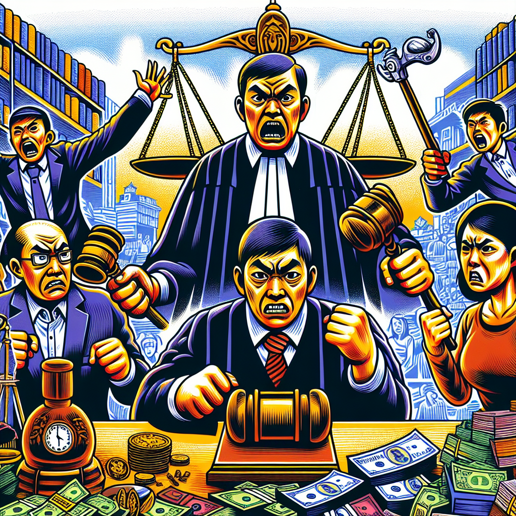 一幅生動的法庭插圖,展現侵占罪審判的關鍵場景。中央是一位表情誇張的台灣法官,手持放大的法槌。左側是一位神色慌張的被告,右側是憤怒的原告。背景有一個巨大的天平,一邊放著金錢和財物,另一邊是法律書籍。整個畫面色彩鮮艷,線條簡潔有力,充滿戲劇性和動感,突出侵占罪的法律爭議和挑戰。