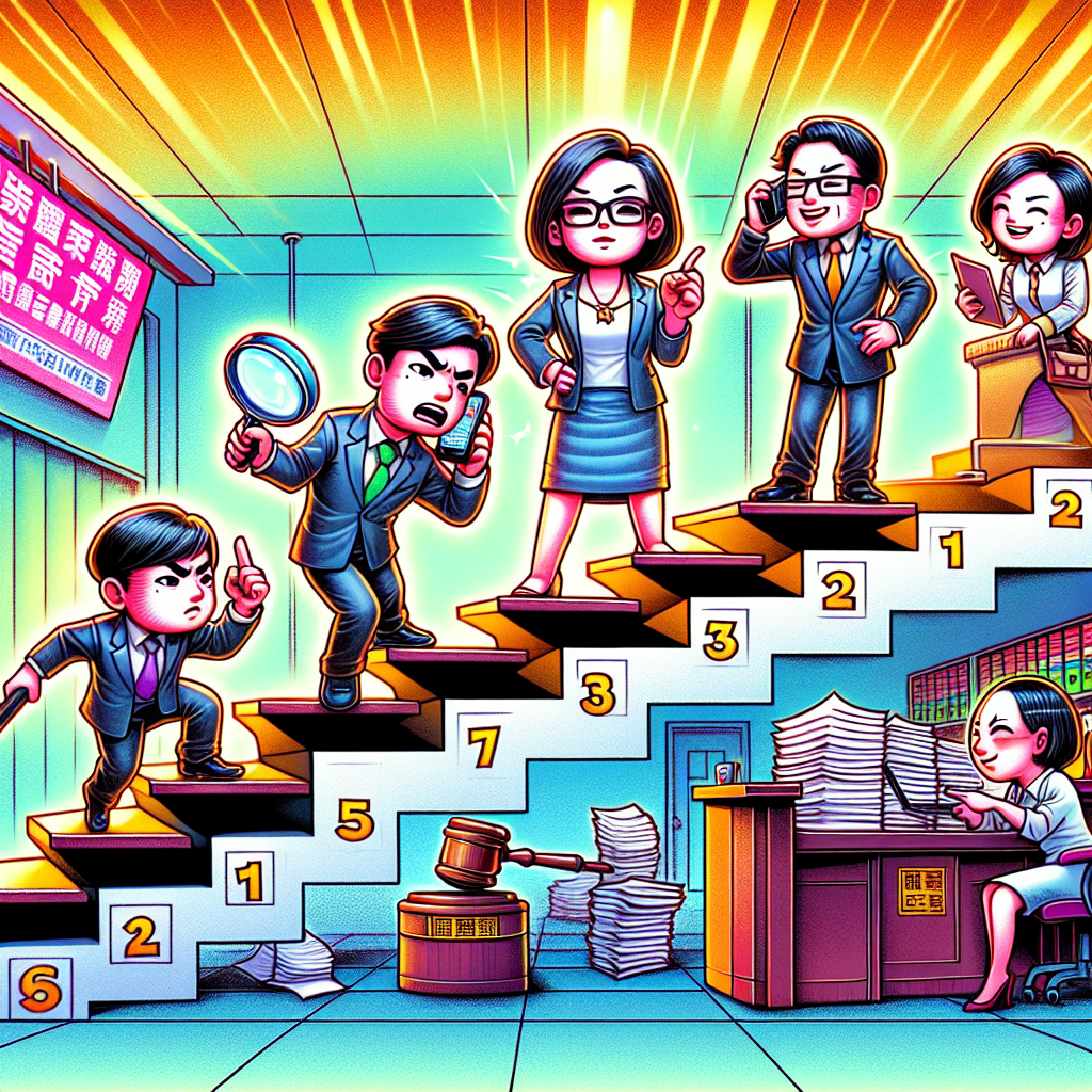 圖片描述：

一幅生動的漫畫風格插圖,展示四個台灣商人站在階梯上,每個台階代表應對商業毀謗的一個步驟。最底層的商人表情焦慮,手持放大鏡查看文件。第二層的商人正在打電話,神情堅定。第三層的商人手持法槌,姿態自信。最頂層的商人雙手叉腰,笑容滿面。背景是明亮的辦公室,牆上掛著"企業權益保護"的標語牌。整體畫面色彩鮮艷,人物表情誇張,充滿動感和戲劇性。