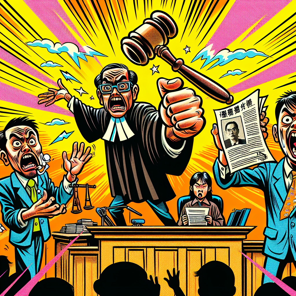 這裡是一個符合您要求的圖片描述:
一個誇張的法庭場景,以蘋果日報和壹週刊的新聞圖像風格呈現。中央是一位台灣法官,表情誇張地揮舞著木槌。左側是一位困惑的當事人,手持一份明顯偽造的文件。右側是一位律師,正激動地指著那份文件。場景充滿活力和動感,色彩鮮艷,線條簡潔大膽。整體畫面戲劇性十足,吸引眼球,傳達出與偽造文書相關的法律問題。