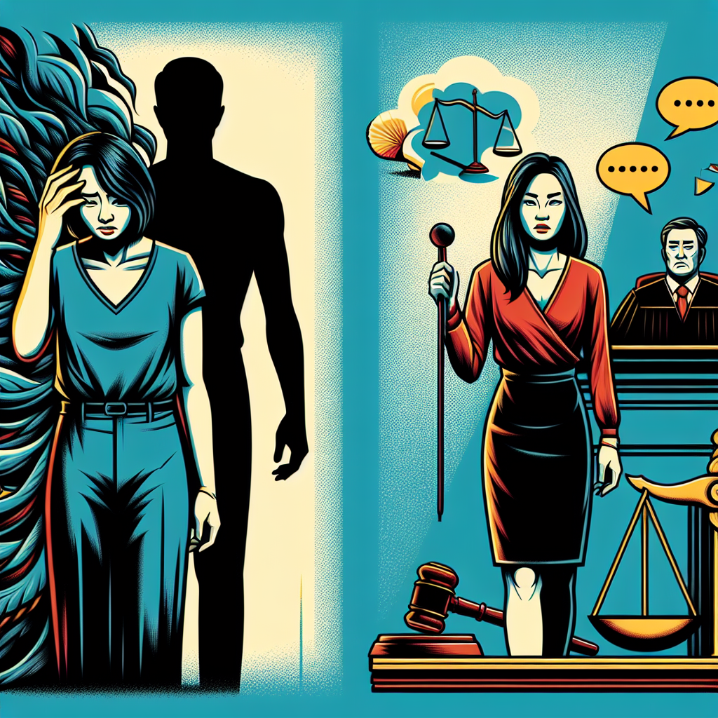 Here's a description for an image to accompany the article section:

A stylized illustration shows two contrasting scenes side-by-side. On the left, a distressed Taiwanese woman in office attire faces away from a shadowy male figure. On the right, the same woman stands confidently in a courtroom, presenting evidence to a judge. Bold lines and vibrant colors emphasize the transformation. Symbolic icons of a gavel, scales of justice, and speech bubbles float around the scenes, representing legal action and speaking up. The overall composition conveys empowerment and justice in a modern, visually striking style.