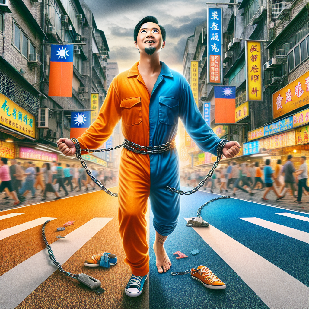 圖片描述:
一名台灣男子站在十字路口中心,身穿半橘半藍的衣服,象徵自由與監管的平衡。他的一隻腳被一條輕微的鏈條綁住,另一隻腳則自由踏步。背景是繁忙的城市街道,充滿活力與色彩。男子臉上表情誇張,既有釋放的喜悅又帶著些許謹慎。整體畫面動感十足,傳達出保護管束既限制又給予機會的複雜情感。
