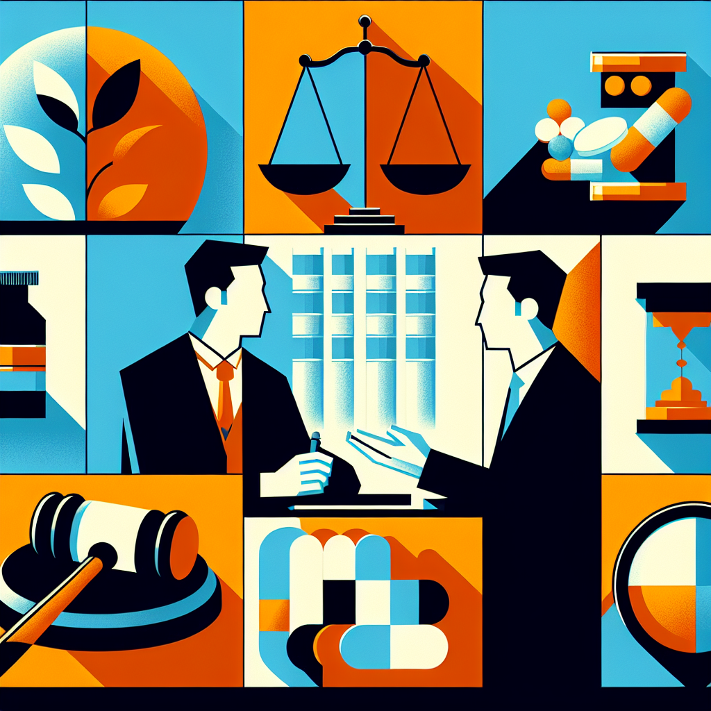描述:一幅現代風格插畫,展現法律諮詢場景。中心是一位台灣律師與當事人交談,周圍環繞象徵性圖標如天平、法槌和毒品圖示。背景以深淺對比的藍色和橙色塊狀呈現,營造戲劇性光影效果。整體構圖動感十足,線條簡潔有力,色彩鮮明對比,傳達出專業而引人入勝的視覺效果。