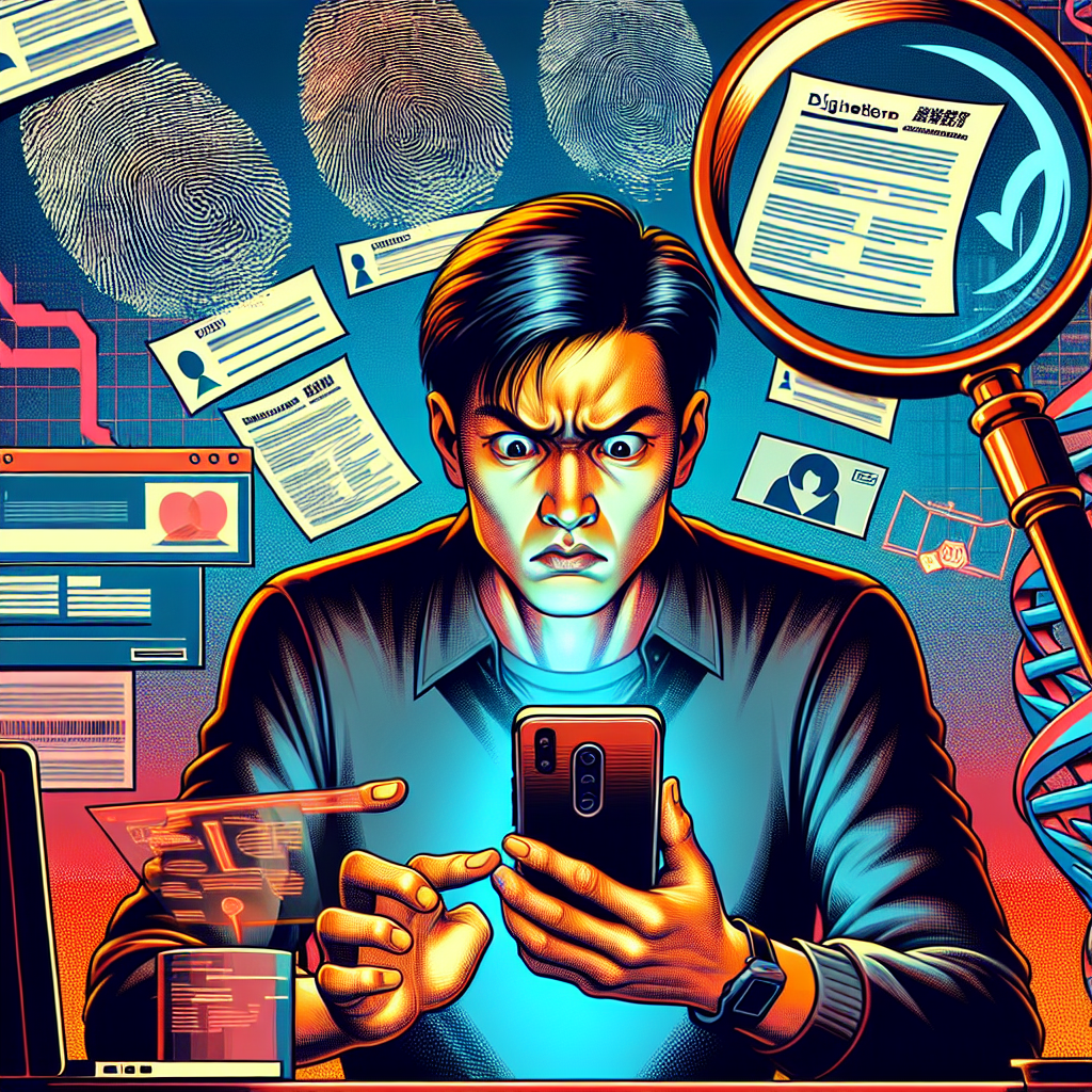 以下是符合您要求的圖片描述:
一名台灣男子坐在電腦前,手持智能手機,神情緊張。螢幕上顯示各種文件和數位簽名。背景有放大的指紋和DNA雙螺旋結構。一隻巨大的放大鏡懸浮在場景上方,聚焦在文件上。畫面充滿鮮豔色彩,線條簡潔大膽,人物表情誇張,整體風格類似蘋果日報的新聞圖像,極具視覺衝擊力和故事性。