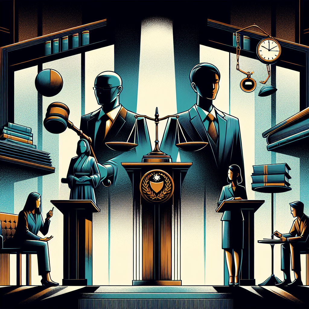 Here's a description for an image based on your requirements:
A stylized illustration shows a courtroom scene with bold, contrasting colors. A judge's gavel and scales of justice are prominently displayed. Two professional Taiwanese figures, one representing a lawyer and another a client, stand before a podium. Symbolic icons of law books, handcuffs, and a clock float in the background. The scene is dramatically lit, creating sharp shadows and a sense of tension. Clean lines and modern artistic elements frame the composition, conveying a serious yet visually engaging legal consultation theme.