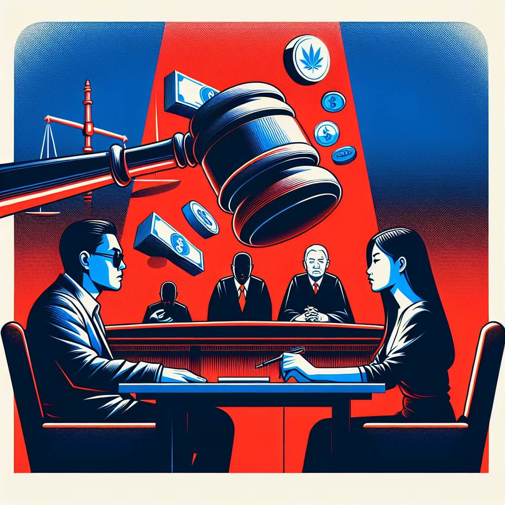 Here's a description for an image based on your requirements:
A stylized illustration depicting a Taiwanese courtroom scene. A judge's gavel hovers prominently in the foreground. To one side, a lawyer consults with a client. On the other, symbolic icons of drugs and money float, representing illegal substance trade. Bold red and blue colors contrast sharply, creating a dynamic atmosphere. Clean lines and dramatic lighting emphasize the legal consultation theme, while maintaining a modern art style.