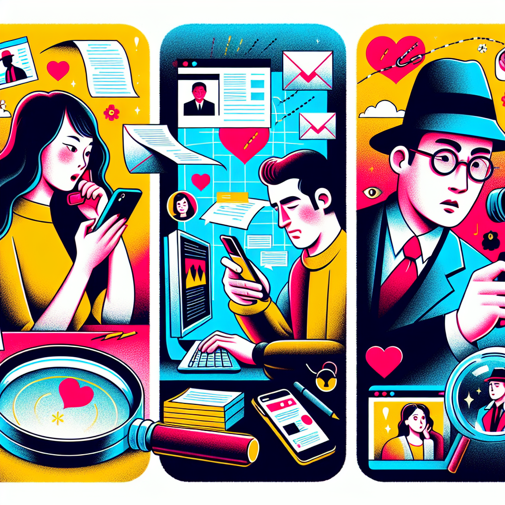 圖片描述:
一幅分為三個區塊的插圖,呈現感情詐騙案件的蒐證技巧。左側區塊展示一位台灣女子正在記錄通話內容,中間區塊顯示一名男子在電腦前追蹤社交媒體活動,右側區塊描繪一位偵探在暗中拍攝可疑人物。整體畫面採用明亮鮮艷的色彩,人物表情誇張生動,線條簡潔有力。背景有飛舞的紙張和放大鏡等元素,營造出動感十足的調查氛圍。