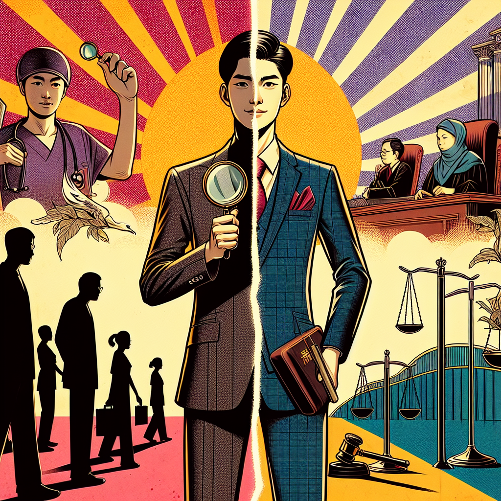 圖片描述:
一位身穿西裝的台灣男律師站在中央,表情堅定自信。他左手拿著放大鏡,右手握著法槌。背景分為兩部分:左側是醫院場景,有醫生和病人剪影;右側是法庭場景,有法官席和證人席。律師腳下有一條分隔線,象徵醫療和法律的交界。整體風格誇張生動,色彩鮮明,線條簡潔有力,充滿戲劇性和動感,呈現出醫療糾紛應對的關鍵場景。