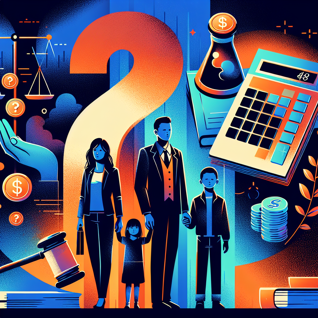 Here's a description for an image based on your requirements:
A stylized illustration shows a Taiwanese family silhouette in the foreground, with a large question mark behind them. To the right, a professional-looking lawyer figure stands next to a calculator icon. Above, floating symbolic elements include a gavel, coins, and a document. The scene uses bold colors like blue and orange, with clean lines and dramatic lighting, creating a dynamic and visually engaging composition that represents child support calculation and legal consultation.