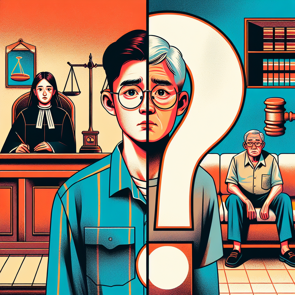 圖片描述:
一幅分割成兩部分的插圖。左側展示一個年輕的台灣男子站在法庭上,表情焦慮。右側是一對年長的台灣夫婦坐在家中沙發上,看起來悲傷和失望。兩邊用一個大問號連接,象徵常見問題。整體風格誇張生動,線條簡潔大膽,色彩明亮豐富。背景有法律相關元素如法槌和書籍。畫面充滿戲劇性和動感,吸引眼球並引發情感共鳴。