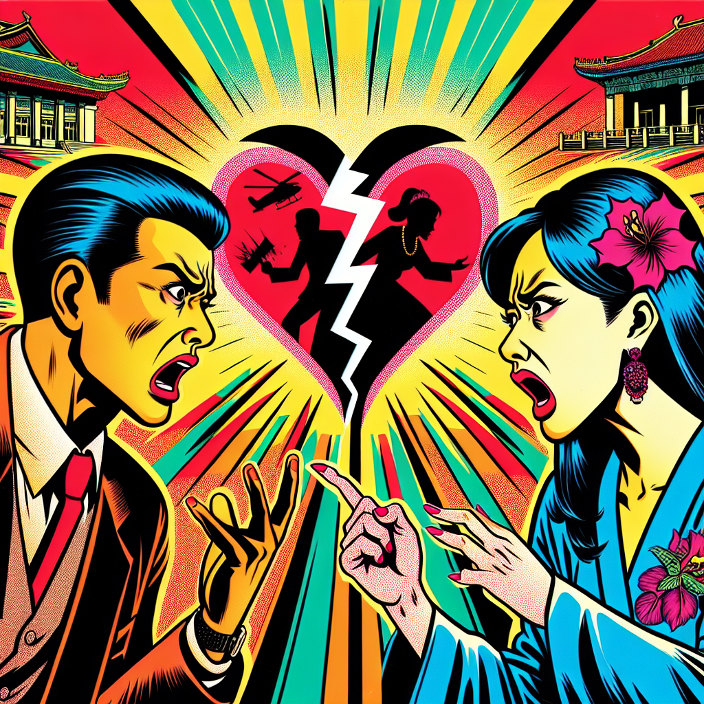 圖片描述:
一幅充滿活力的漫畫風格插圖,展現了一對台灣夫妻的戲劇性場景。丈夫站在左側,表情誇張地驚訝,雙手舉起。妻子在右側,憤怒地指著丈夫。他們之間有一個破裂的心形符號,象徵婚姻關係受損。背景是法院建築的輪廓,暗示法律介入。整體畫面色彩鮮艷,線條簡潔大膽,充滿動感,有強烈的視覺衝擊力和情感訴求,生動地講述了侵害配偶權的故事。