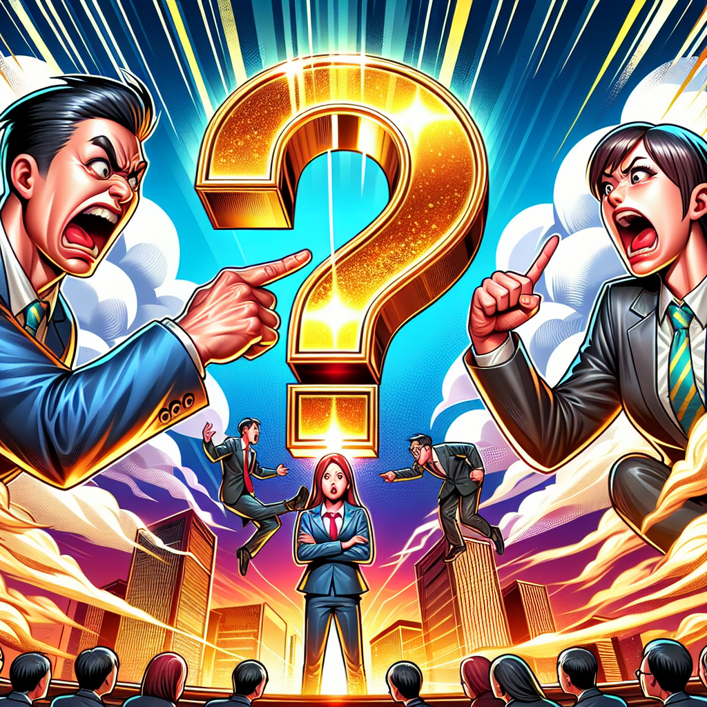 圖片描述：

一幅充滿活力的漫畫風格插圖,展現了一個商業糾紛場景。前景是兩個誇張表情的台灣商人角色,一個怒氣沖沖地指著另一個,後者則一臉驚慌。背景是一個巨大的問號,周圍環繞著閃亮的"FAQ"字樣。場景充滿動感,色彩鮮艷,線條簡潔有力。整體畫面富有戲劇性和吸引力,生動呈現了商業毀謗和企業權益的衝突主題。