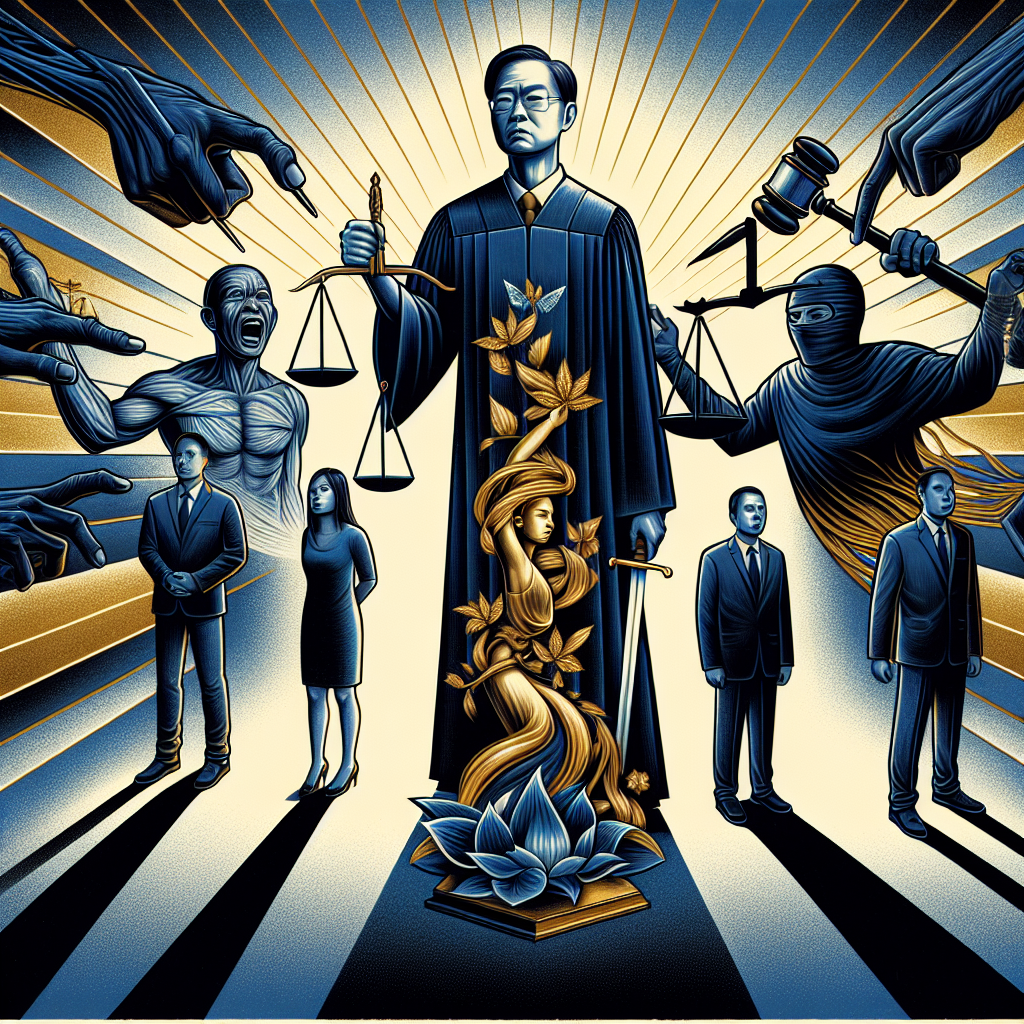 一幅現代風格的插畫,展現恐嚇罪的法律概念。中心是一位台灣法官形象,手持天平秤。背景有象徵威脅的陰影和代表正義的光芒交錯。左側是一位受害者,右側是一位被告。使用深藍和金色為主色調,線條簡潔有力。整體構圖富有戲劇性,突出法律與正義的主題。