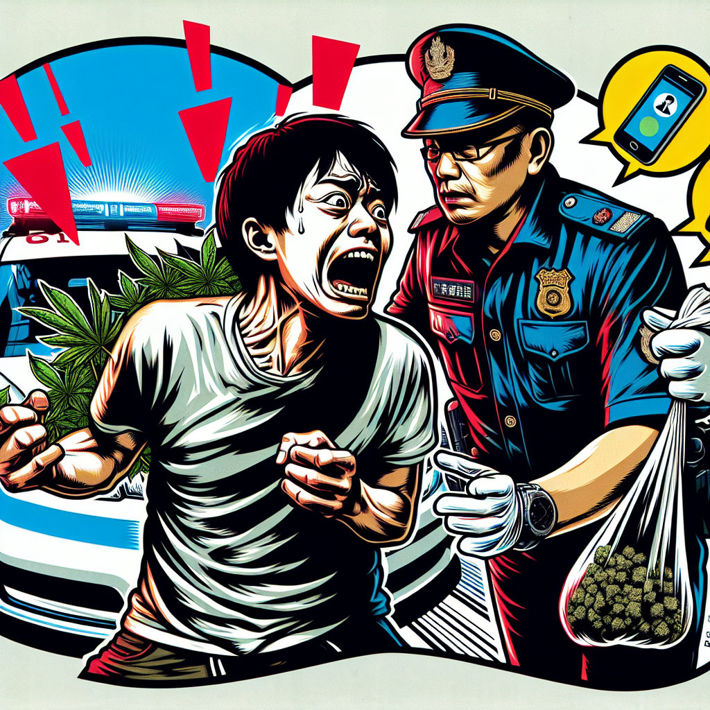 一位台灣男子被警察逮捕的戲劇性場景。男子表情誇張驚恐,警察神情嚴肅。背景是閃爍的警車燈光。男子手中掉落一包疑似大麻的物品。旁邊有一個放大的手機圖示,顯示撥打律師電話。整體畫面色彩鮮艷,線條簡潔有力,充滿動感和戲劇性,像是蘋果日報的新聞圖像風格。畫面傳達出被捕時應對的關鍵步驟。