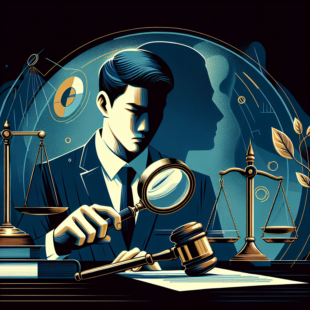 一幅現代風格的插畫,展現法律諮詢場景。中心是一位穿西裝的台灣律師,手持放大鏡審視一份文件。背景有法槌、天平等法律象徵。右側是一個模糊的人影,暗示偽造行為。整體採用深藍和金色等對比色調,線條簡潔有力。戲劇性的光影效果突出主題,營造出專業而引人入勝的視覺效果。