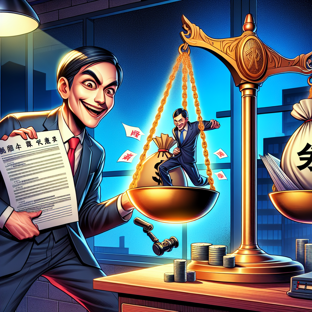 一幅富有戲劇性的插圖,展示一位台灣商人正在偷偷將公司機密文件交給競爭對手。場景設置在深夜的辦公室,光線昏暗。商人表情誇張,眼神閃爍,動作鬼祟。旁邊有一個巨大的天平,象徵法律的公正。天平一端是"忠誠"二字,另一端是一袋鈔票。整體畫面色彩鮮艷,線條簡潔有力,充滿動感,具有強烈的視覺衝擊力和故事性,完美呈現背信罪的核心要素。