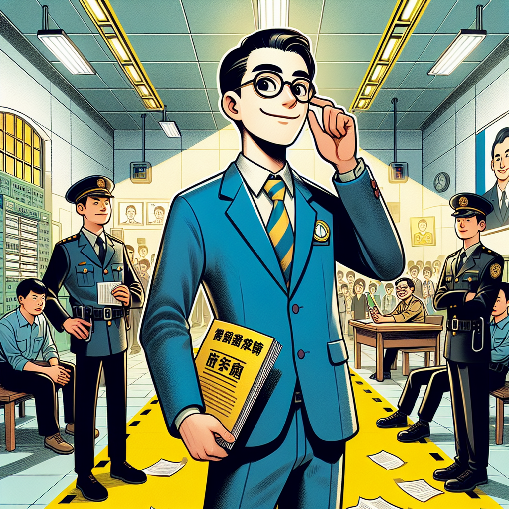 圖片描述:
一名穿著正式西裝的台灣律師站在前景,手持法律文件。背景是一個卡通風格的警察局內部場景,有警察和偵訊室。律師和一名警察之間有一條明顯的黃色虛線,象徵陪同偵查的界限。整個畫面採用鮮豔的色彩和誇張的表情,人物以簡潔大膽的線條繪製。場景充滿動感,突出律師保護當事人權益的關鍵角色,整體給人眼球吸引和情感共鳴的感覺。