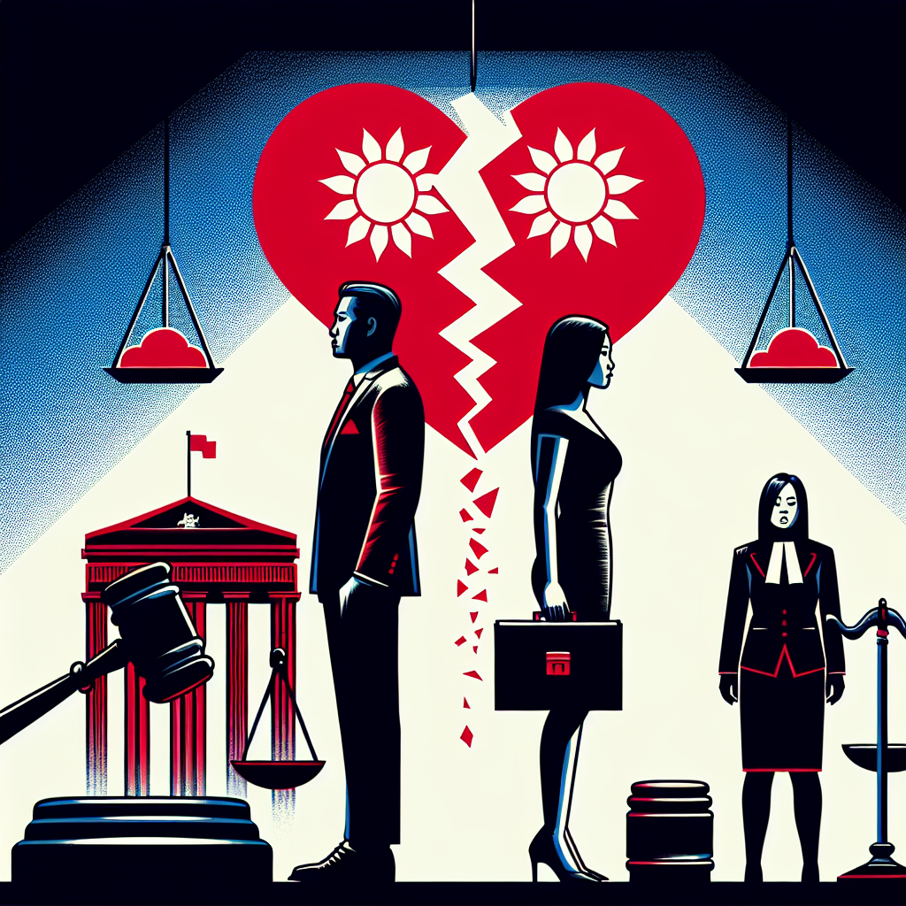 Here's a description for an image based on your requirements:
A stylized illustration depicting a Taiwanese couple standing apart, separated by a symbolic broken heart. A gavel and scales of justice hover above, representing legal proceedings. Bold red and blue colors contrast sharply. Clean lines form silhouettes of a courthouse and wedding rings. A professional lawyer figure stands to the side, offering guidance. The scene is dramatically lit, creating a dynamic and visually engaging composition that conveys the serious nature of divorce and marital disputes.