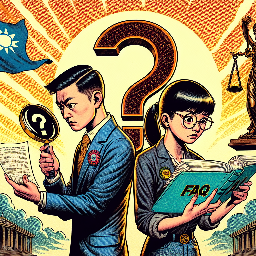 圖片描述:
一個台灣夫妻站在巨大的問號前,表情困惑。丈夫手持放大鏡檢視一份法律文件,妻子則翻閱一本寫著"FAQ"的書。背景有一個法官錘和天平的符號。整個場景採用明亮鮮豔的漫畫風格,人物表情誇張生動,線條簡潔有力。畫面充滿動感,富有戲劇性,吸引眼球並引發情感共鳴,有強烈的故事性。