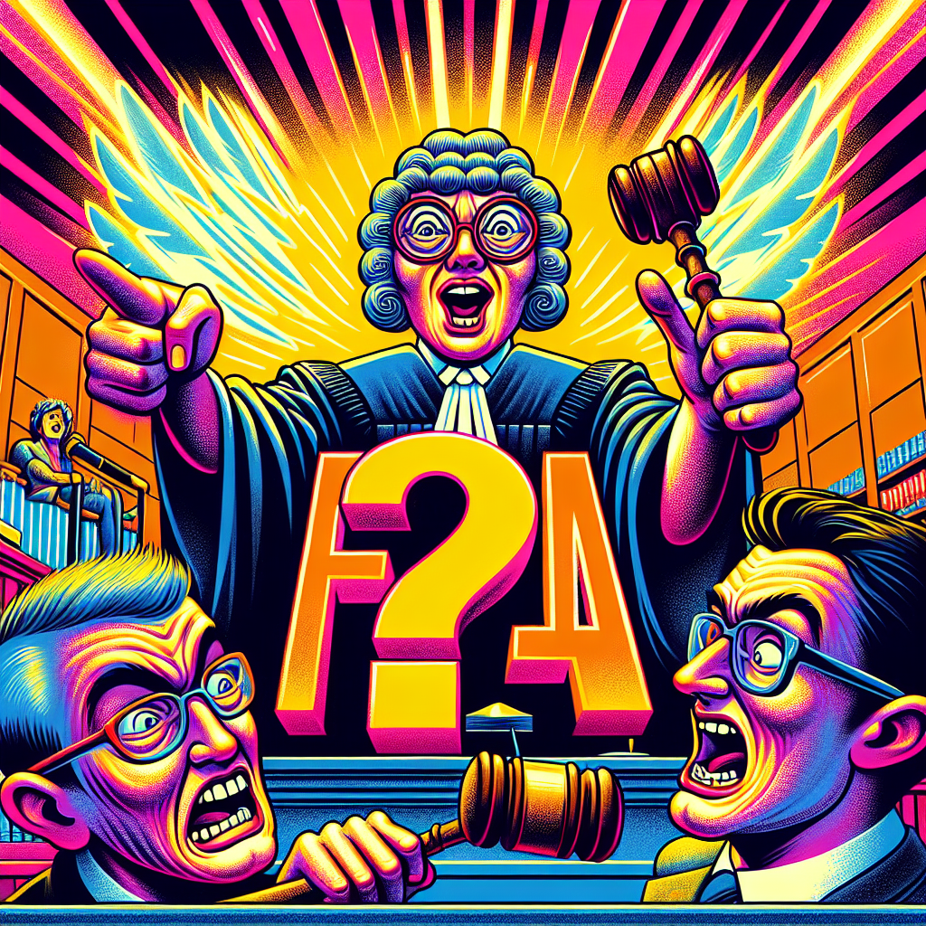 以下是符合要求的圖片描述:
一幅漫畫風格的法庭場景插圖。中央是一名戴眼鏡的法官,表情誇張地揮舞著木槌。左側站著一名憤怒的原告,指著右側一臉無辜的被告。兩人之間懸浮著一個巨大的問號,象徵疑問。背景有閃亮的"FAQ"字樣。整體色彩鮮艷明亮,線條簡潔大膽,充滿戲劇性和動感,呈現出蘋果日報和壹週刊新聞圖像的風格。