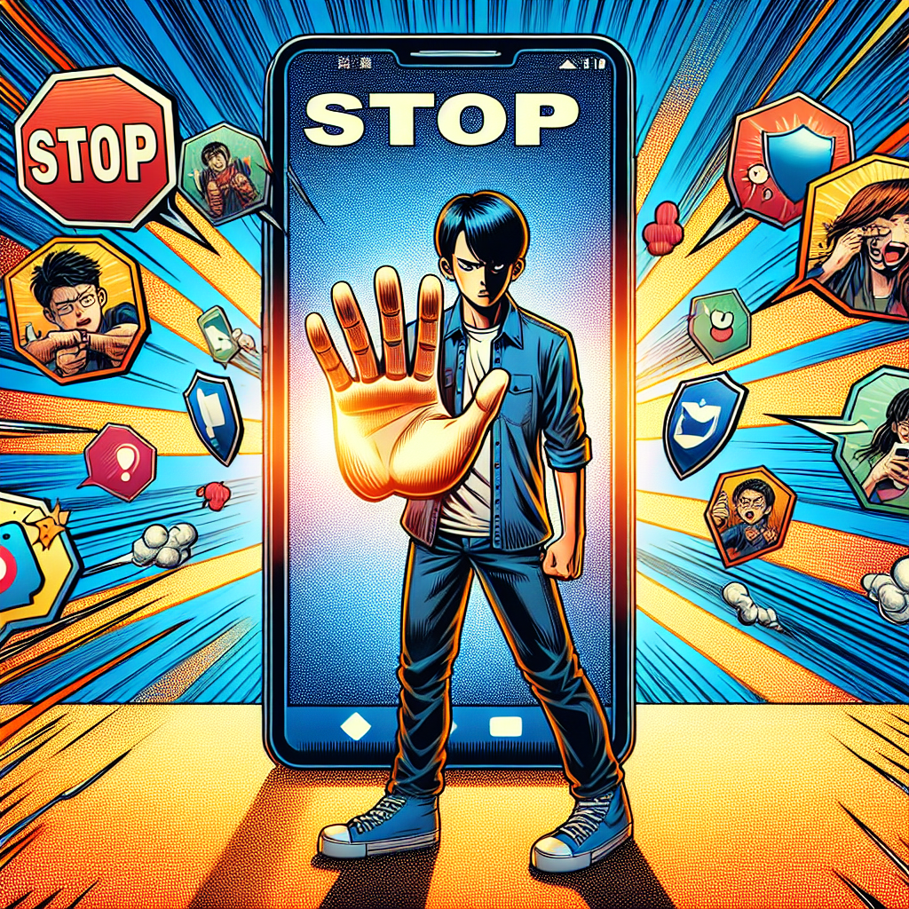 圖片描述:
一個台灣少年站在手機屏幕前,表情堅定。屏幕上有一個放大的"阻止"按鈕,少年正伸手去按。周圍漂浮著各種社交媒體圖標和惡意留言泡泡,但被一個盾牌擋住。背景是明亮的藍色和橙色,整體畫面充滿動感。少年的表情和動作誇張生動,線條簡潔有力,呈現出漫畫風格。整體畫面富有戲劇性,生動展現了對抗網路恐嚇的主題。