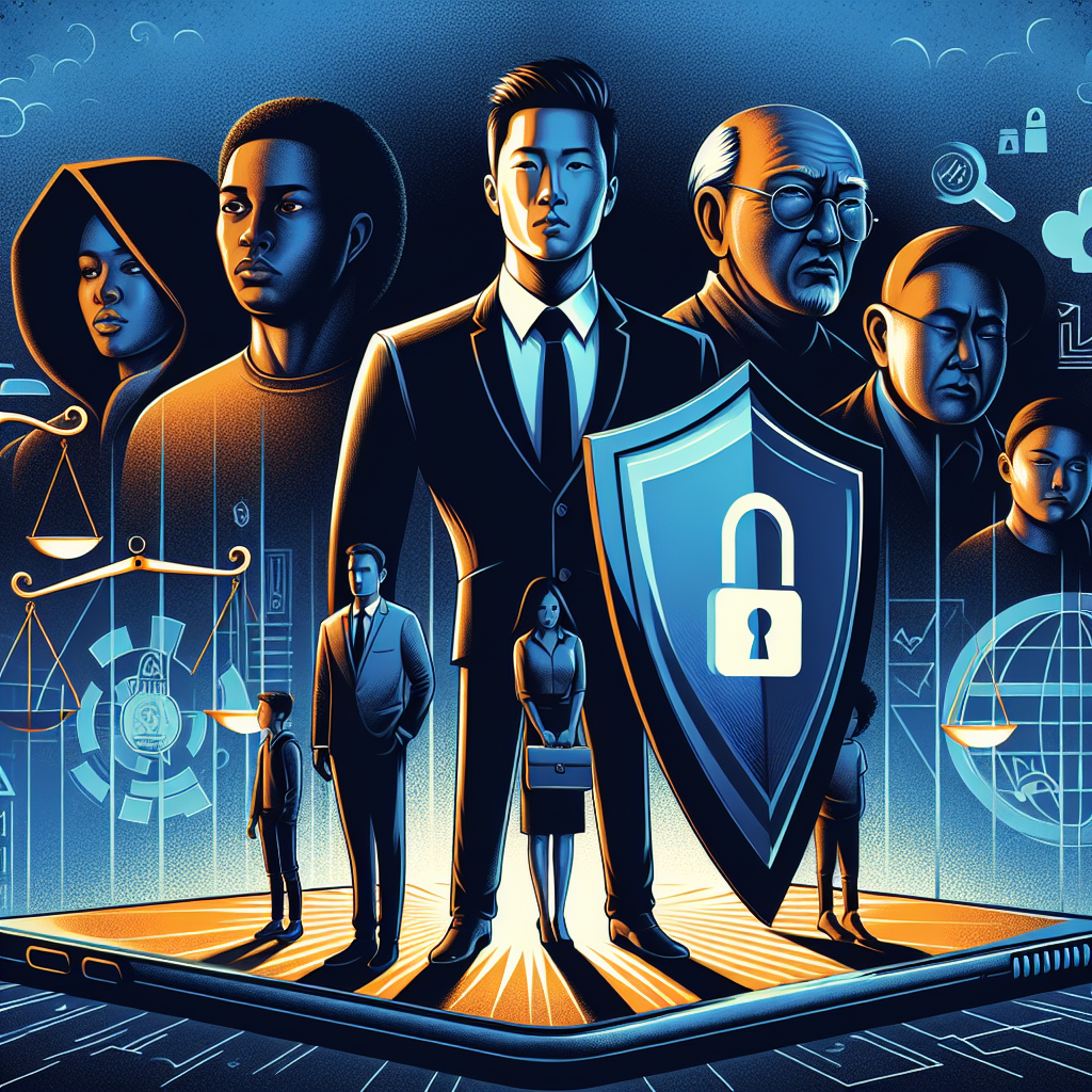 Here's a description for an image based on your requirements:

A stylized illustration depicting a Taiwanese professional in a suit standing confidently, shielding a group of diverse individuals from shadowy figures representing online threats. Bold, contrasting colors of blue and orange dominate. A large smartphone icon with a lock symbol floats above, while legal scales and a gavel appear in the foreground. Clean lines and dramatic lighting create a dynamic, engaging scene symbolizing protection against cyberbullying and legal recourse.
